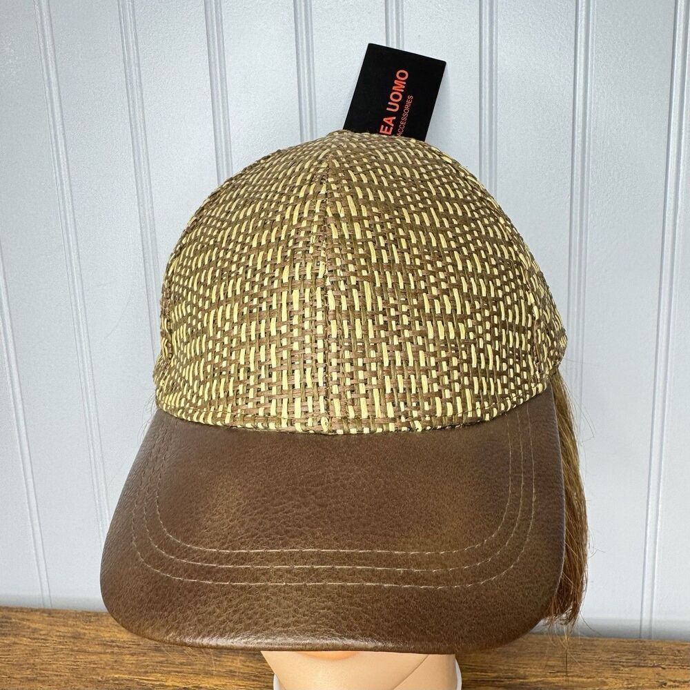 Vintage Linea Uomo Brown Straw PU Leather Casual Baseball Cap Adjustable OS NWT